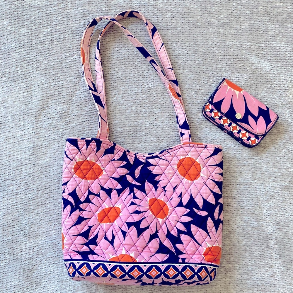 Vera Bradley Pink Floral Quilted Tote with Orange Accents